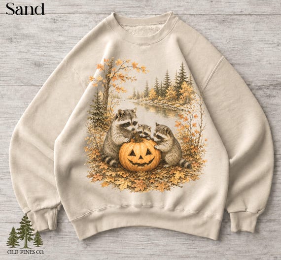Raccoons Pumpkin Sweatshirt, Vintage Fall Forest Shirt, Cute Halloween Raccoon Tee, Autumn Lake Wildlife Gift