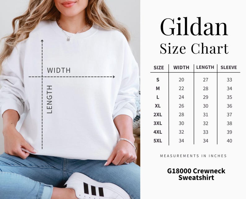 May include: White Gildan crewneck sweatshirt with a size chart. The chart displays measurements in inches for width, length, and sleeve length, ranging from size small to 5XL. The sweatshirt is G18000.