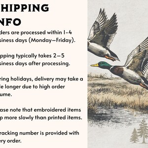 May include: Illustration of two ducks in flight over a marshy landscape. The ducks are depicted with detailed feathers and vibrant colors, with one duck's head showing green and yellow hues. The background features water, grass, and trees.
