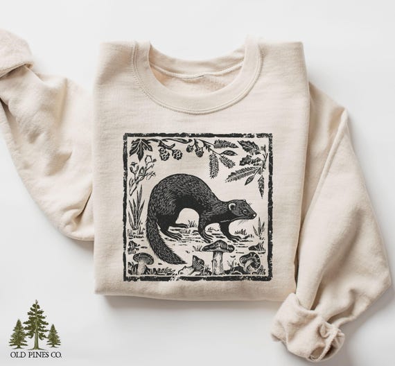 Vintage Ferret Sweatshirt, Cottagecore Ferret Crewneck, Folk Art Woodland Sweater, Cute Pet Owner Shirt, Cozy Nature Gift