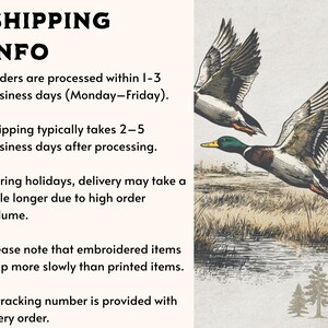 May include: Illustration of two ducks in flight over a grassy field and water. The ducks are detailed with brown, gray, green, and yellow coloring. The background features a landscape with trees and a body of water. The image has a vintage aesthetic.