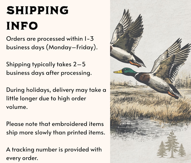 May include: Illustration of two ducks in flight over a grassy field and water. The ducks are detailed with brown, gray, green, and yellow coloring. The background features a landscape with trees and a body of water. The image has a vintage aesthetic.