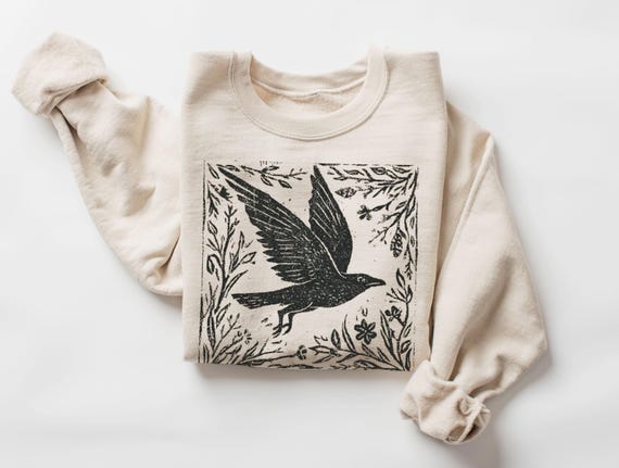 Vintage Folklore Forest Crow Sweatshirt, Folk Art Linocut Crow T-Shirt, Forestcore Sweater, Cottagecore Aesthetic Goblincore Witch Tee