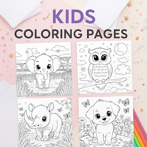 Puede incluir: Cuatro páginas para colorear cuadradas para niños con un elefante, un búho, un rinoceronte y un cachorro. Las páginas son dibujos lineales en blanco y negro con el texto "KIDS COLORING PAGES" en morado y negro en la parte superior.