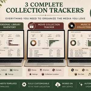 May include: Three digital collection tracker templates for Google Sheets displayed on three laptops. The screens show dashboards for a personal library, movie collection, and music and vinyl collection with charts, data tables, and summary statistics.