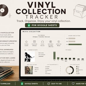 May include: A digital vinyl collection tracker for Google Sheets displayed on a laptop screen. The interface features data visualizations, album statistics, artist lists, and genre charts. Text includes VINYL COLLECTION TRACKER and FOR GOOGLE SHEETS.