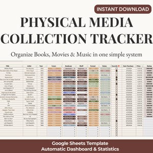 Può includere: Modello di foglio di calcolo digitale intitolato "PHYSICAL MEDIA COLLECTION TRACKER" per organizzare libri, film e musica. Presenta una tabella con colonne per titolo, artista, anno e formato. Include il testo "Download istantaneo".