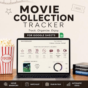 Könnte beinhalten: Ein digitaler Film-Sammlungs-Tracker für Google Sheets auf einem Laptop-Bildschirm. Das Dashboard zeigt Statistiken wie Durchschnittsbewertung, Lieblingsjahrzehnt, Top-Genre und ein Ringdiagramm der beliebtesten Genres neben Popcorn.