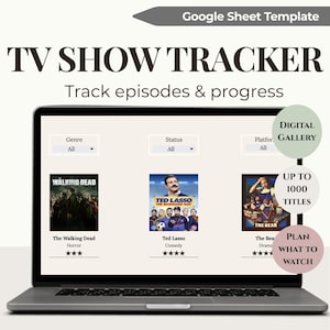 Può includere: Un laptop mostra un modello di tracker di programmi TV. Lo schermo mostra il monitoraggio degli episodi di "The Walking Dead", "Ted Lasso" e "The Bear". Il modello include opzioni per genere, stato e piattaforma, oltre a una galleria digitale.