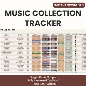 Può includere: Un modello di tracker per la raccolta di musica digitale in formato foglio di calcolo. Il foglio di calcolo include colonne per titolo dell'album, artista, anno, genere, libreria, scaffale, formato, stato e data di acquisto. La parte superiore dell'immagine dice "Download istantaneo".