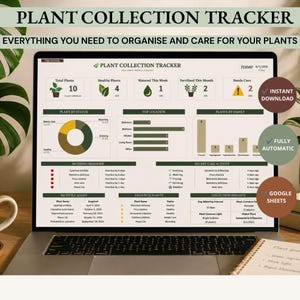 May include: A digital plant collection tracker displayed on a laptop screen, featuring data dashboards for plant status, watering reminders, recent care activity, and collection insights. The interface includes charts, lists, and icons for plant management.
