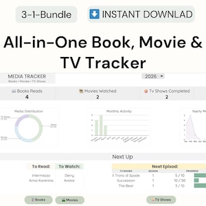 May include: A digital planner with the title "All-in-One Book, Movie & TV Tracker." The planner includes sections for tracking books read, movies watched, and TV shows completed. It features charts for media distribution and monthly activity, along with a "Next Up" section.