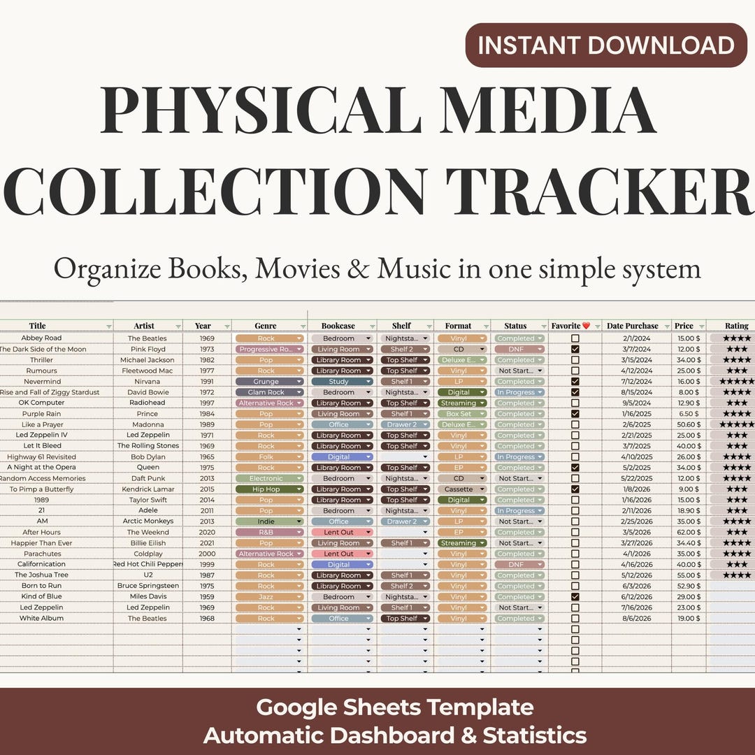 Media Collection Tracker Google Sheets | Track Books Movies Music ...