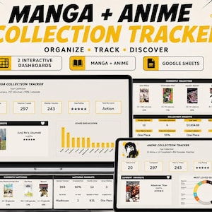Könnte beinhalten: Ein digitaler Manga- und Anime-Sammlungs-Tracker auf einem Laptop- und Tablet-Bildschirm. Die Benutzeroberfläche bietet interaktive Dashboards, Google Sheets-Integration und Bereiche zur Verfolgung von Serien, Bänden, Episoden und Genre-Statistiken.