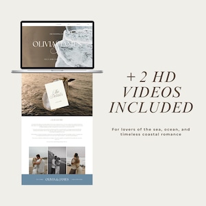 May include: A laptop displays a website with the text "OLIVIA & JAMES" and a photo of the ocean. A card with "The Details" is on a rock in the water. The image includes the text "+ 2 HD VIDEOS INCLUDED" and "For lovers of the sea, ocean, and timeless coastal romance."