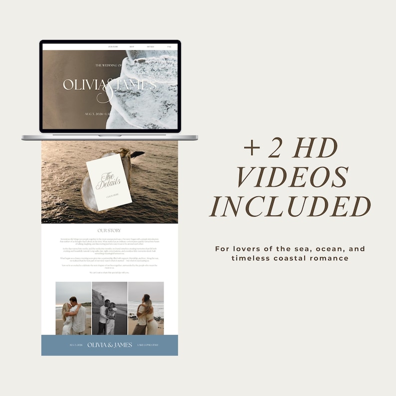 May include: A laptop displays a website with the text "OLIVIA & JAMES" and a photo of the ocean. A card with "The Details" is on a rock in the water. The image includes the text "+ 2 HD VIDEOS INCLUDED" and "For lovers of the sea, ocean, and timeless coastal romance."