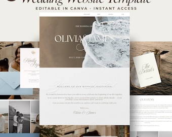 Plantilla web para bodas en la playa, diseño web para bodas en Canva, confirmación de asistencia y cuenta regresiva, invitación para bodas de destino, diseño minimalista, descarga digital.