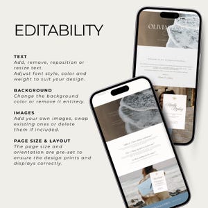 May include: Two smartphones displaying a wedding invitation design. The phones are angled, showcasing the design's layout and features. Text on the screen includes "EDITABILITY" and design options. The design features a beach theme with soft colors.