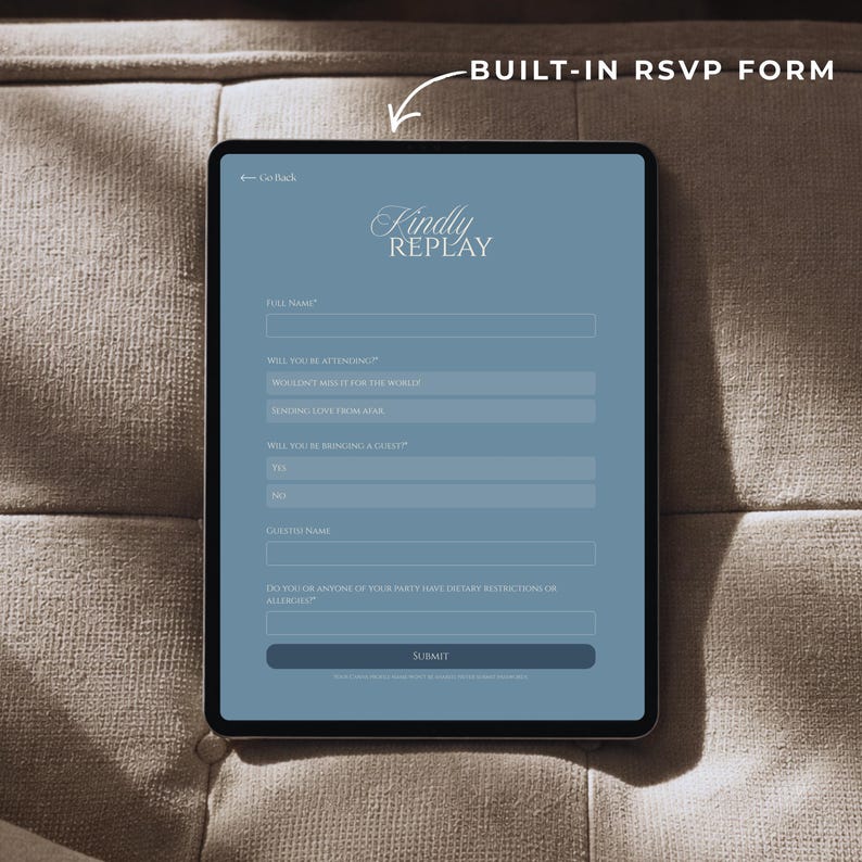 May include: A digital tablet displaying a built-in RSVP form. The screen shows fields for full name, attendance, guest details, and dietary restrictions. The form is set against a light blue background with the "Kindly Replay" logo.