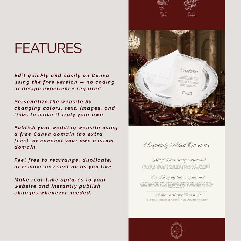May include: A wedding website design with a silver platter holding an invitation. The design includes text that says "FEATURES" and "Frequently Asked Questions". The website can be edited on Canva.