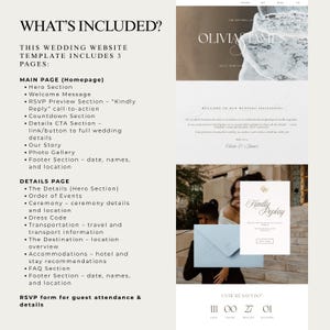 May include: A wedding website template with three pages, including a hero section, welcome message, RSVP preview, countdown, photo gallery, and details page. The design features a neutral color palette and elegant typography.