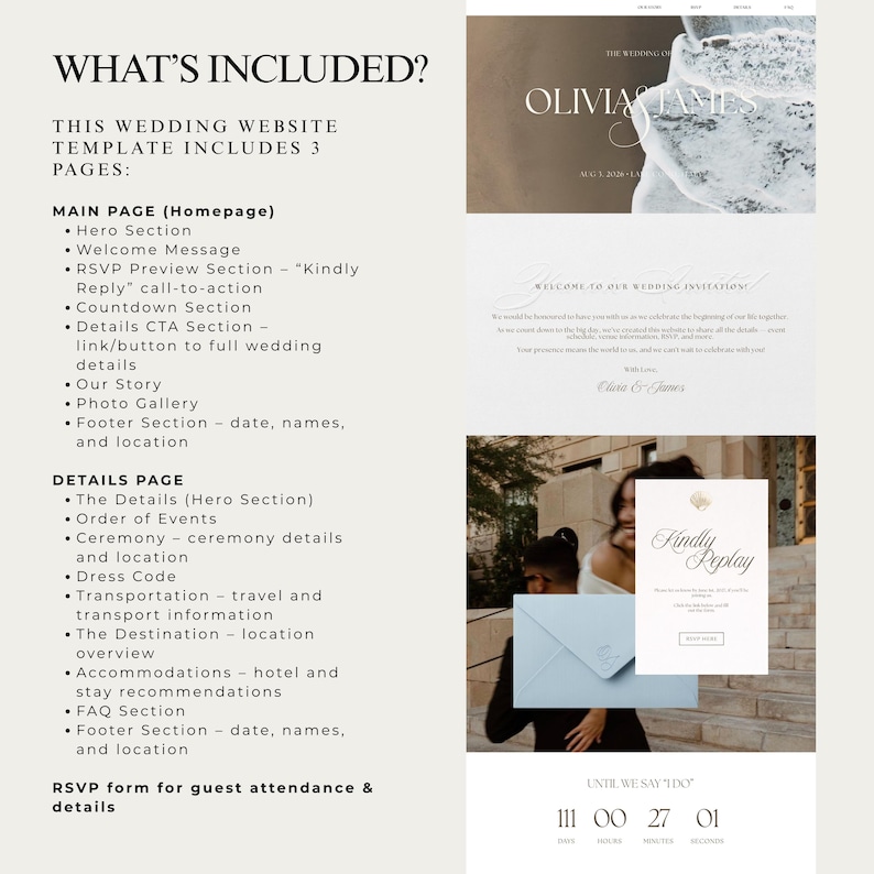 May include: A wedding website template with three pages, including a hero section, welcome message, RSVP preview, countdown, photo gallery, and details page. The design features a neutral color palette and elegant typography.
