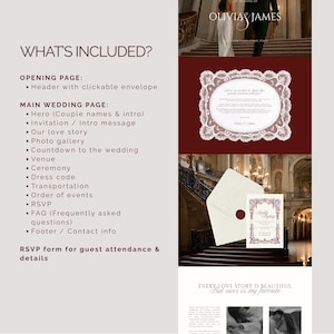 May include: A wedding invitation suite with a burgundy and cream color scheme. The design includes a decorative invitation, an envelope with a wax seal, and a lace-edged card. Text includes "Olivia & James" and "What's Included?"