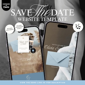 May include: A digital Save the Date website template for Canva displayed on two smartphones. The screens show wedding invitation designs with light blue envelopes, the text Olivia & James, Lake Como, Italy, and interactive buttons for countdowns and RSVP features.