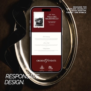 May include: A smartphone displays a website for Villa Del Balbianello, with text that reads "The Venue" and "Responsive Design." The phone is on a silver platter with a dark background. The website includes sections for "The Ceremony" and "Dress Code."