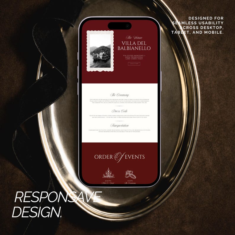 May include: A smartphone displays a website for Villa Del Balbianello, with text that reads "The Venue" and "Responsive Design." The phone is on a silver platter with a dark background. The website includes sections for "The Ceremony" and "Dress Code."