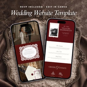 Bourgondië oud geld bruiloft websitesjabloon met RSVP & countdown, bewerkbaar canvasontwerp, elegante tijdloze esthetiek, Instant Download