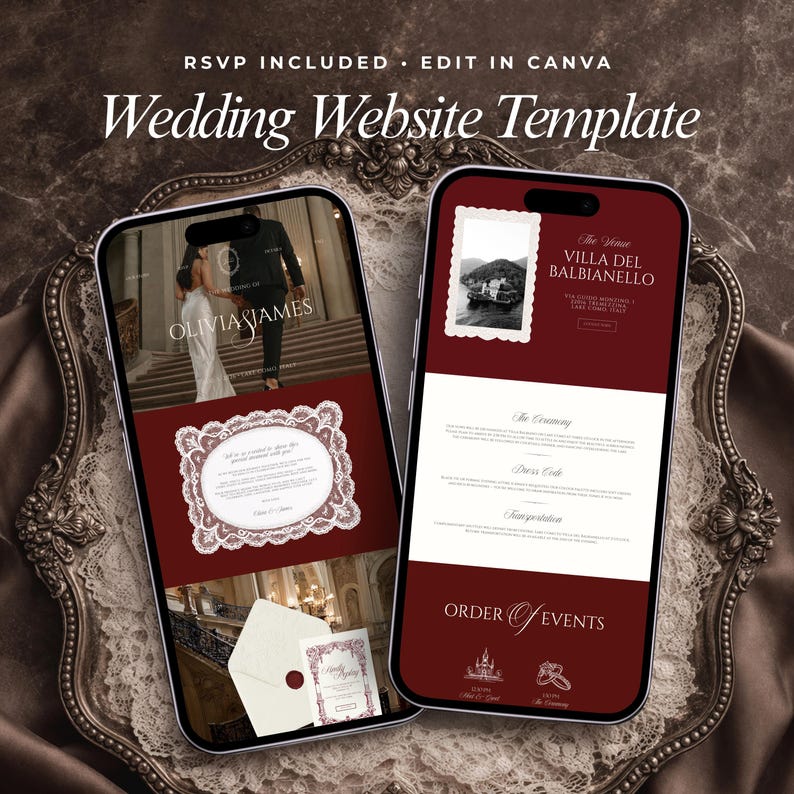 Burgundy Old Money Wedding Website Template with RSVP & Countdown, Editable Canva Design, Elegant Timeless Aesthetic, Instant Download
