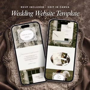 Plantilla de sitio web de boda romántica, estilo clásico, editable en Canva, cuenta regresiva para confirmación de asistencia.