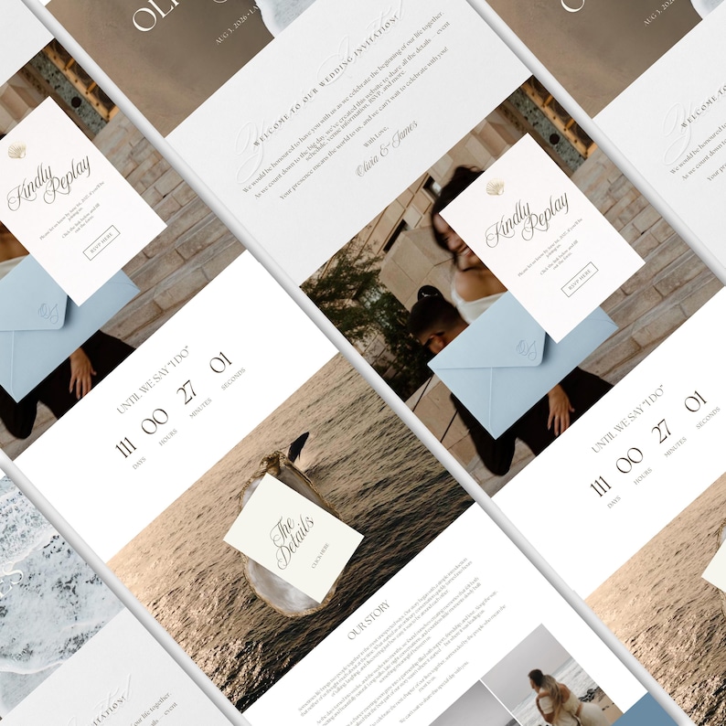 May include: Wedding invitation suite featuring a website design with a countdown timer, RSVP card, and details card. The design includes a light blue envelope, and a photo of the couple. The text includes "Kindly Replay" and "Until We Say I Do."