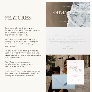 May include: A wedding website template with the text "OLIVIA & JAMES" and "WELCOME TO OUR WEDDING INVITATIONS". The template includes features like easy editing, personalization, and free domain publishing. A light blue envelope and invitation card are also visible.
