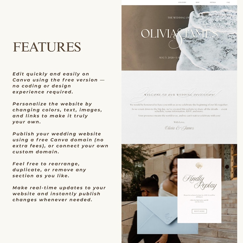 May include: A wedding website template with the text "OLIVIA & JAMES" and "WELCOME TO OUR WEDDING INVITATIONS". The template includes features like easy editing, personalization, and free domain publishing. A light blue envelope and invitation card are also visible.