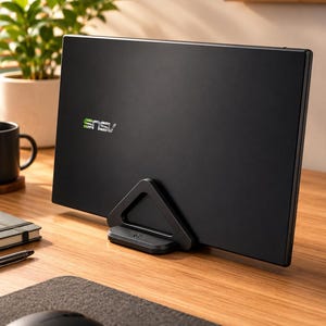 Peut inclure: Un ordinateur portable noir avec le logo ASUS vert est posé sur un support noir. L'ordinateur est sur un bureau en bois avec une souris, un clavier et une petite plante en pot en arrière-plan. Une tasse noire et un carnet sont également visibles.