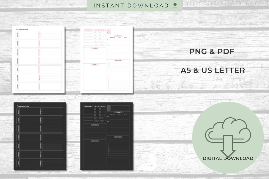 Minimalist Weekly Planner Printable A5 US Letter Light and Dark Layout ...