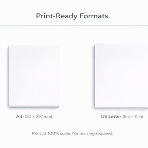 May include: Image showing two stacks of white paper, one labeled A4 (210 x 297 mm) and the other US Letter (8.5 x 11 in). The text "Print-Ready Formats" is at the top, with the note "Print at 100% scale. No resizing required."