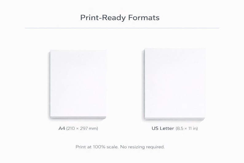 May include: Image showing two stacks of white paper, one labeled A4 (210 x 297 mm) and the other US Letter (8.5 x 11 in). The text "Print-Ready Formats" is at the top, with the note "Print at 100% scale. No resizing required."