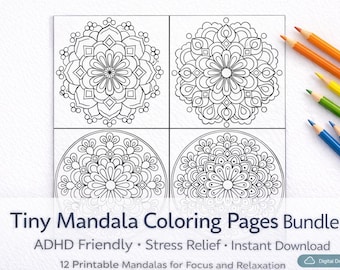 12 Tiny Mandala Coloring Pages Bundle, Easy Mandalas PDF, ADHD Friendly Stress Relief, Printable A4 & US Letter, Instant Download