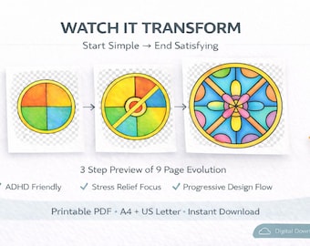 ADHD Coloring Pages Progressive Pack – 9 Step Mandala Evolution | Stress Relief Printable | Low Stimulation Coloring Book | Flipbook Art