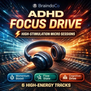 May include: An advertisement for BraindoCo's ADHD Focus Drive. The image features a pair of black headphones with the text "ADHD FOCUS DRIVE" in large, orange letters. The ad also includes the phrases "High-Stimulation Micro Sessions" and "6 High-Energy Tracks."