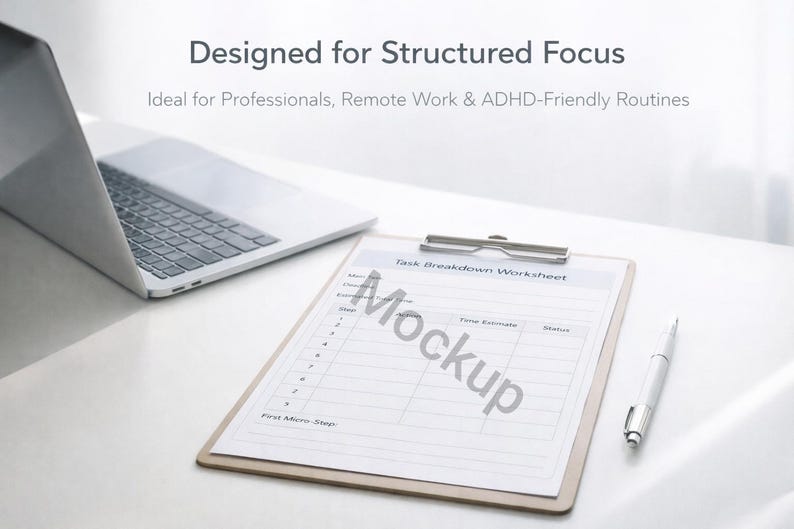 May include: A laptop and a clipboard with a task breakdown worksheet are on a white surface. The clipboard has a silver clip and a pen is next to it. The text on the image says "Designed for Structured Focus" and "Ideal for Professionals, Remote Work & ADHD-Friendly Routines."
