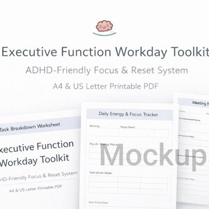 Op de afbeelding: Een digitaal afdrukbare PDF met de titel "Executive Function Workday Toolkit" met de ondertitel "ADHD-vriendelijk Focus & Reset System". De afbeelding toont mockups van werkbladen, waaronder een taakverdeling, energietracker en vergaderingsnotities.
