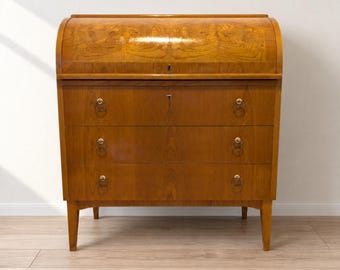 Scandinavian 1950s Teak Roll‑Top Secretary Desk – Mid Century Writing Desk, Home Office Storage