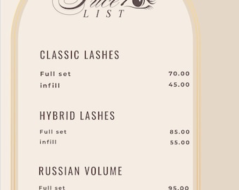 Lash Price List Template | Beige Gold Salon Menu (Canva Editable PDF)