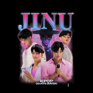 May include: A digital illustration featuring the word "JINU" in a retro font above four stylized male figures. The figures are in various poses, wearing pink and white shirts. The text "KPOP DEMON HUNTERS" is at the bottom, all on a black background.