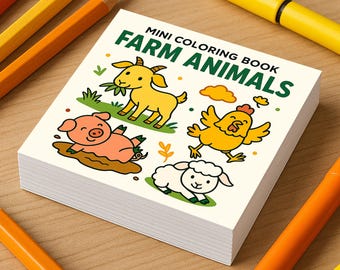 May include: A mini colouring book titled "Farm Animals" with illustrations of a goat, pig, chicken, and sheep. The book is surrounded by orange and yellow pencils and markers on a wooden surface.