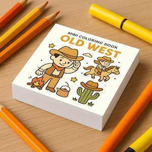 May include: A stack of mini coloring books with an "Old West" theme, featuring cowboy illustrations. The cover art includes a cowboy, a cactus, and a child riding a horse. Orange and yellow pencils and markers surround the book.